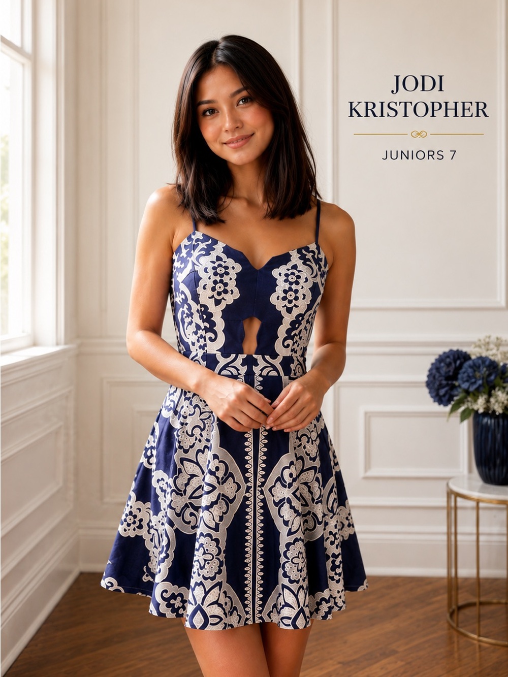 Jodi Kristopher Juniors 7 Navy White Fit Flare Mini Dress